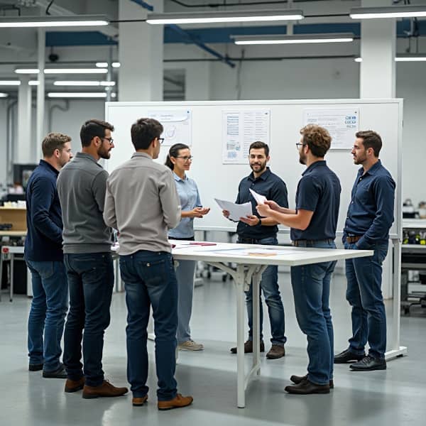 Une équipe réunit autour de panneaux d’affichage configurables : le management visuel Lean au service de la communication, de la cohésion et de la performance collective