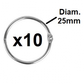 1 lot de 10 Anneaux métalliques de Reliure, appelé également anneaux brisés de diamètre 25mm
