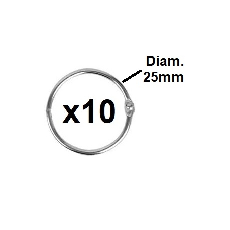 1 lot de 10 Anneaux métalliques de Reliure, appelé également anneaux brisés de diamètre 25mm