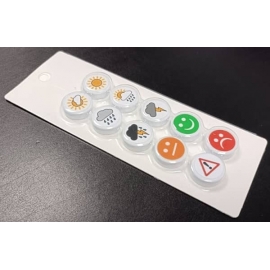 Boite de 10 Aimants blancs Ø20mm en pictogramme : 6 météos + 3 smileys + 1 panneau Attention