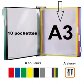Système de présentation mural métal Tarifold, A3, 10 poches, 5 coloris