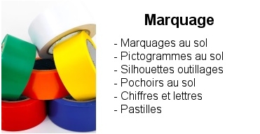 Marquage au sol avec scotch jaune, bleu, vert, rouge, orange, blanc, noir-jaune en 50mm ou 100mm